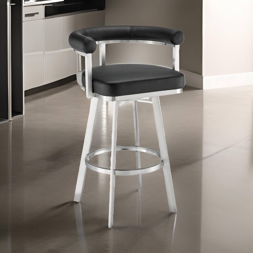 Weni 30 Inch Swivel Barstool Chair, Barrel Open Back, Black, Steel Frame