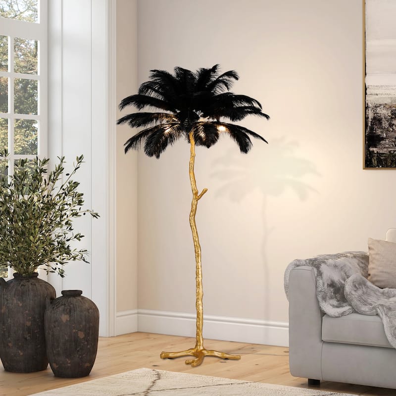 5-Light 35" Wide Novelty Golden Tree Branch LED Floor Lamp with White Ostrich Feather Shades