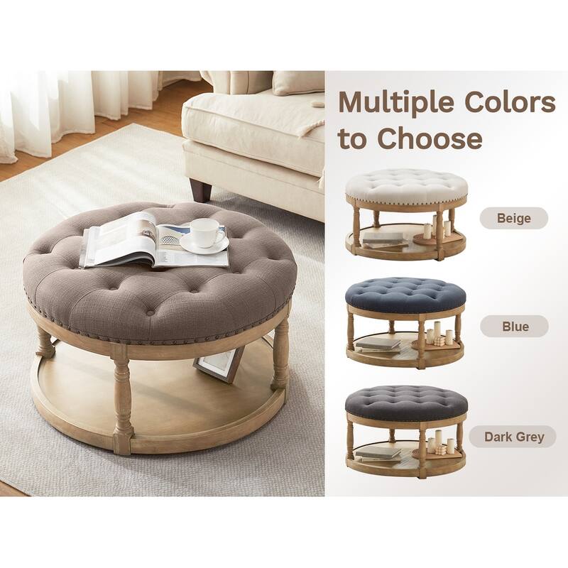 HUIMO 33in Round Upholstered Solid Wood Ottoman Coffee Table with Storage Shelf