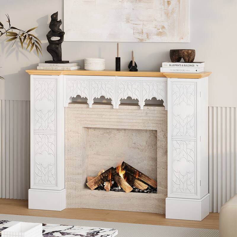 Solid Pine Wood Fireplace Mantel Cabinet with Hidden Storage – White Decorative Console