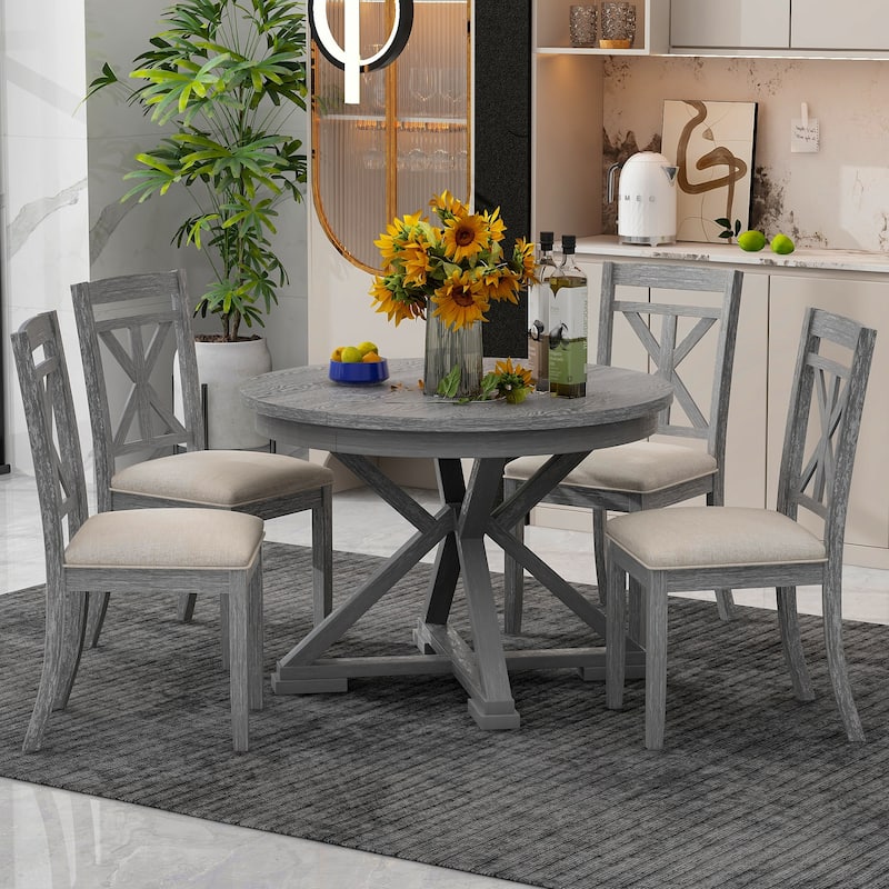 Retro 5-Piece Dining Table Set with Extendable Round Table and Upholstered Chairs for Dining Room