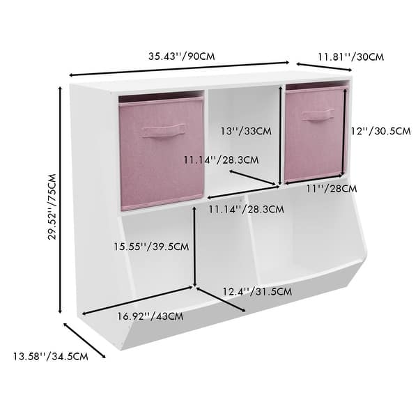 dimension image slide 0 of 2, Kids Bookcase with Collapsible Fabric Drawers, Toy Storage Cabinet