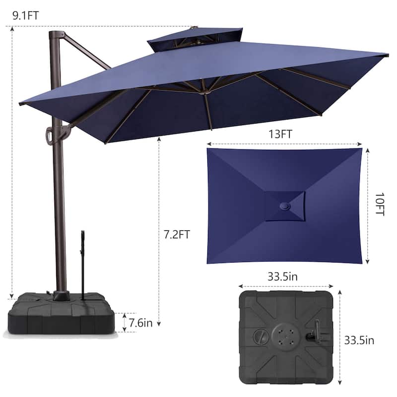 10 x 13 ft Outdoor Aluminum Double Top Patio Offset Cantilever Umbrella with Base