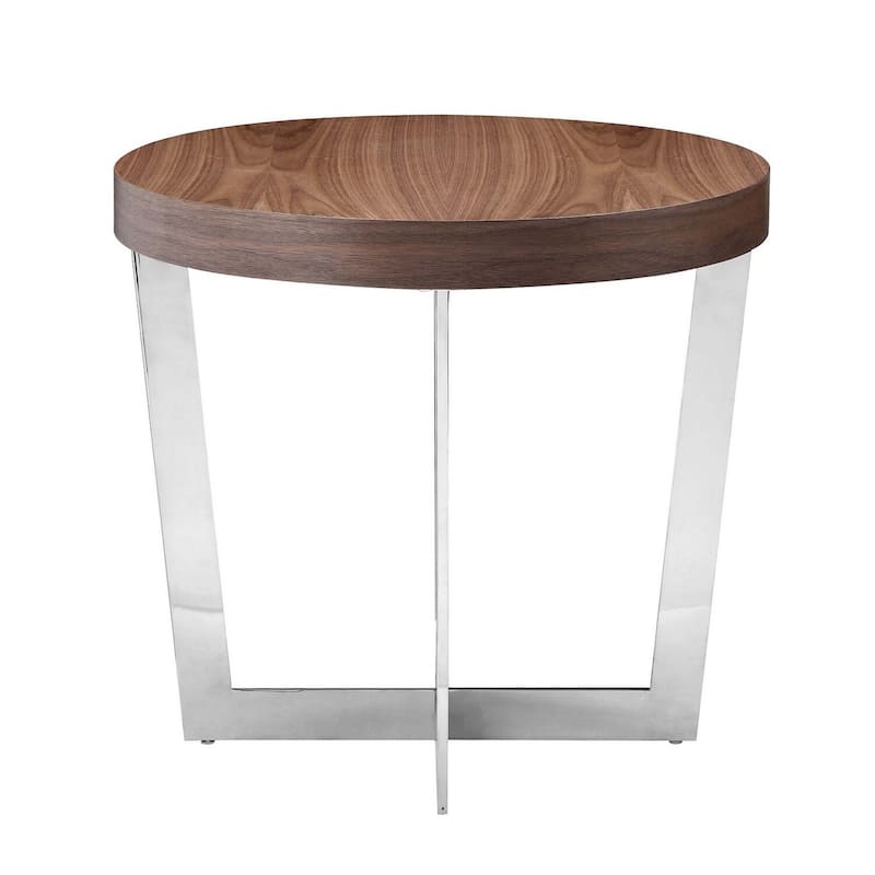24 in. Walnut and Chrome Round Wood End Table, Sturdy Build End Side Table for Living Rooms