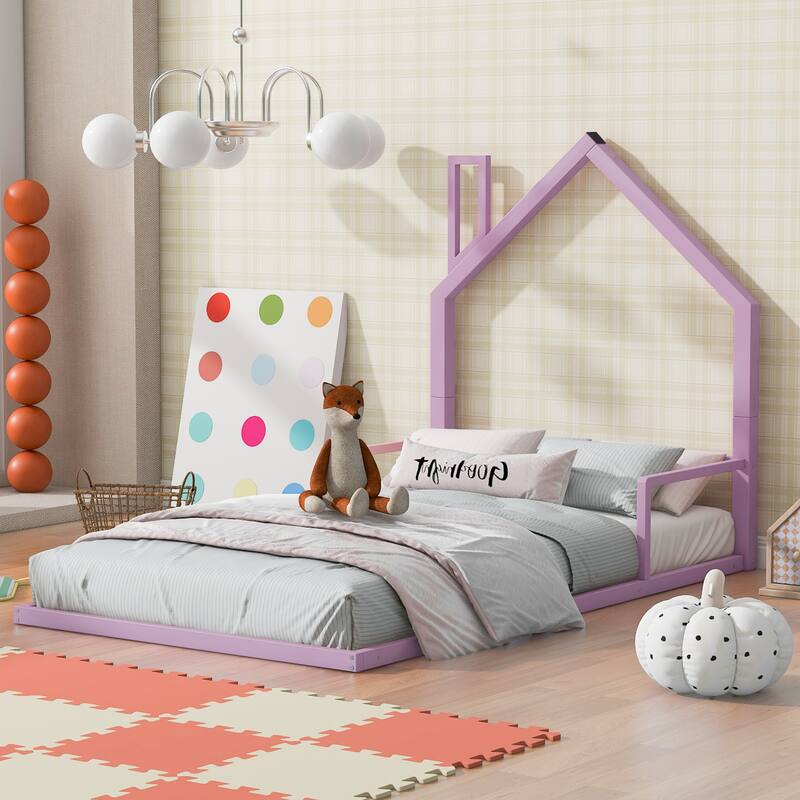 Metal Floor Bed with House-shaped Headboard