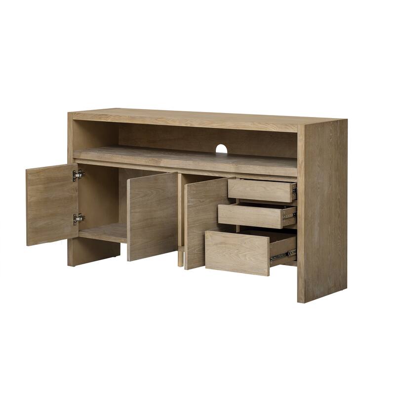 60" 3-Door Sideboard with 3 Drawers-Ash Veneer MDF Sideboard,Semi-Open Shelf，Center Semi-Circular Cutout,Storage Cabinet