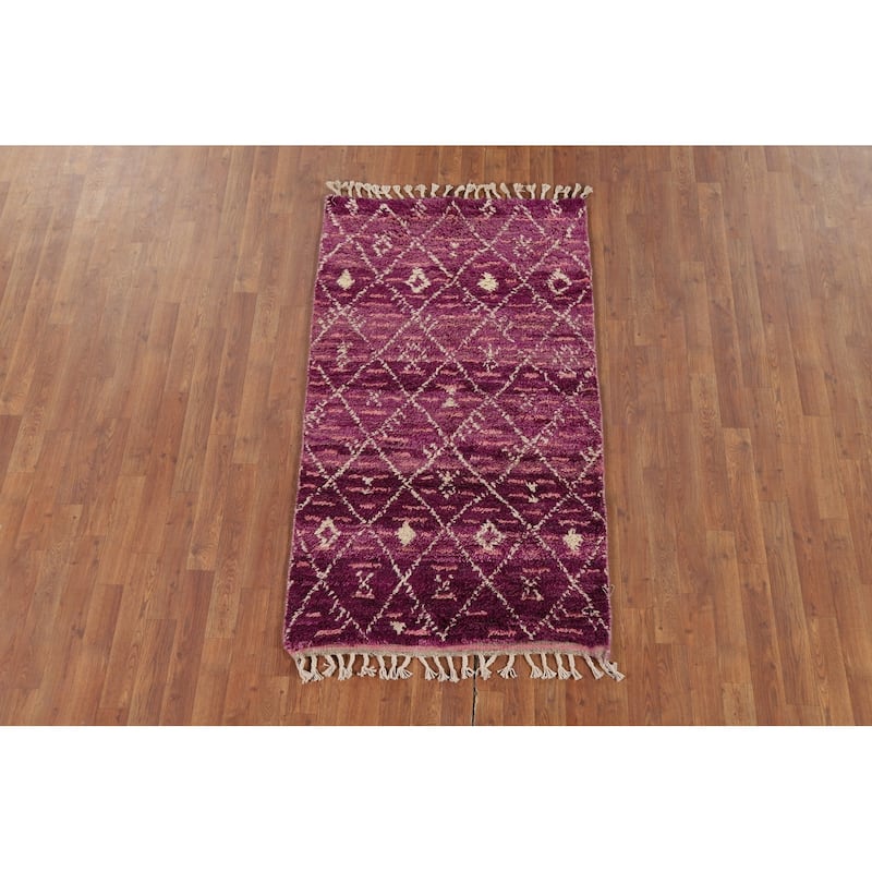 Purple Trellis Plush Moroccan Accent Rug Handmade Wool Carpet - 3'0" x 5'7"