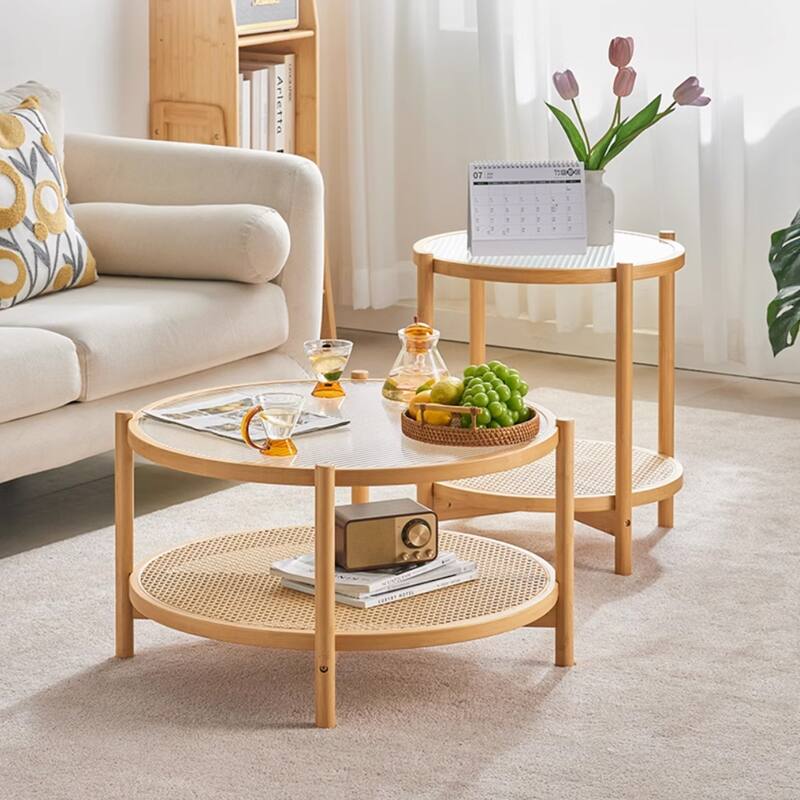 2-Piece Modern Farmhouse Living Room Coffee Table Set, Stylish and Elegant Nesting Round Wooden Table,Side End table set