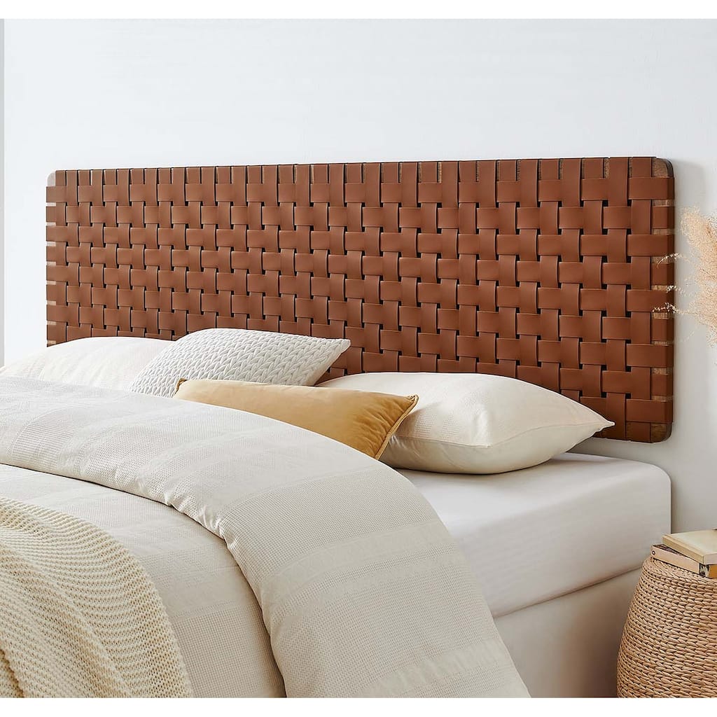 Ditmas Solid Wooden Brown Leather Basket Weaved Floating King Size Headboard