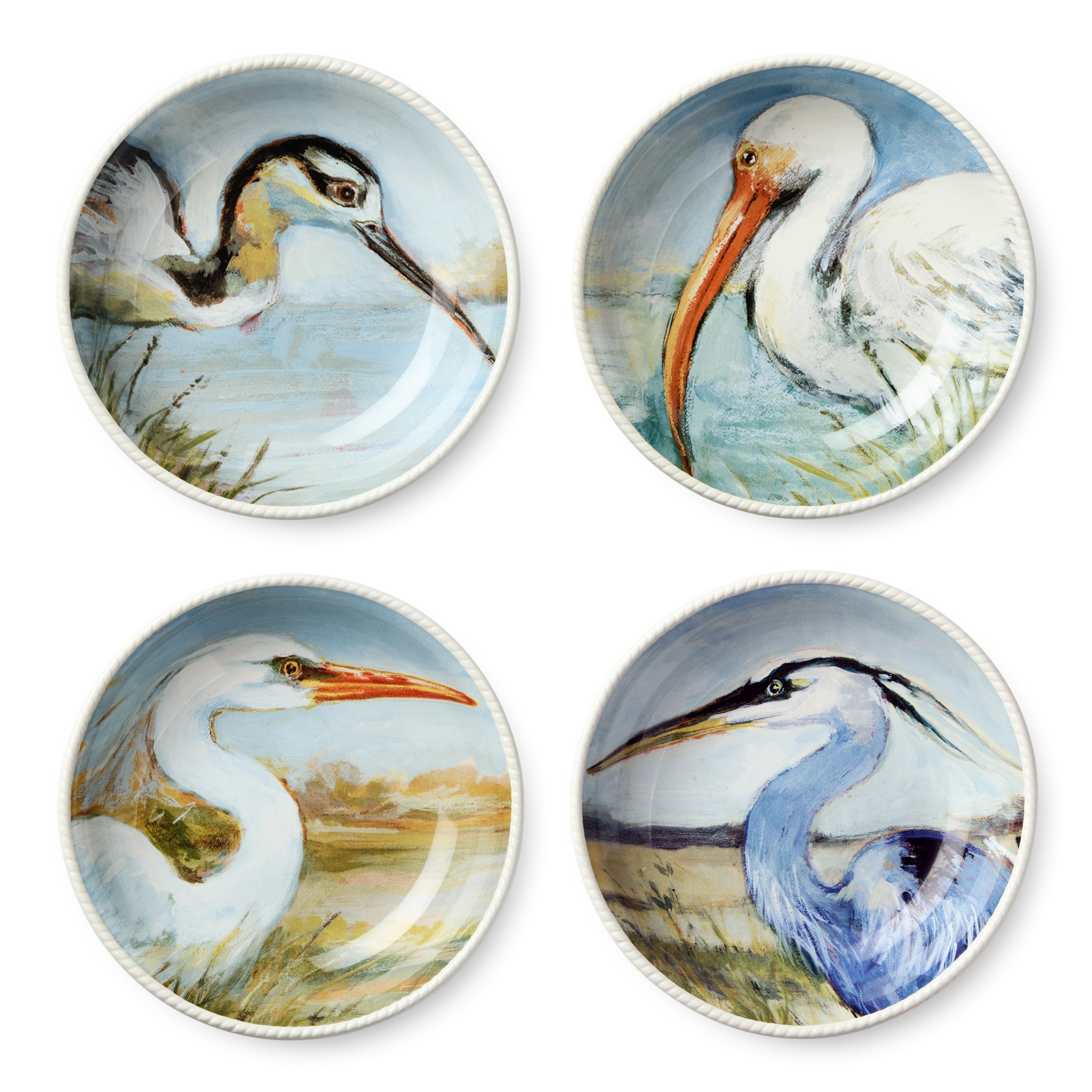 Certified International Coastal Birds 9" Soup/Cereal Bowls, Set of 4 Assorted Designs - 8.50"L x 8.50"W x 2.00"H