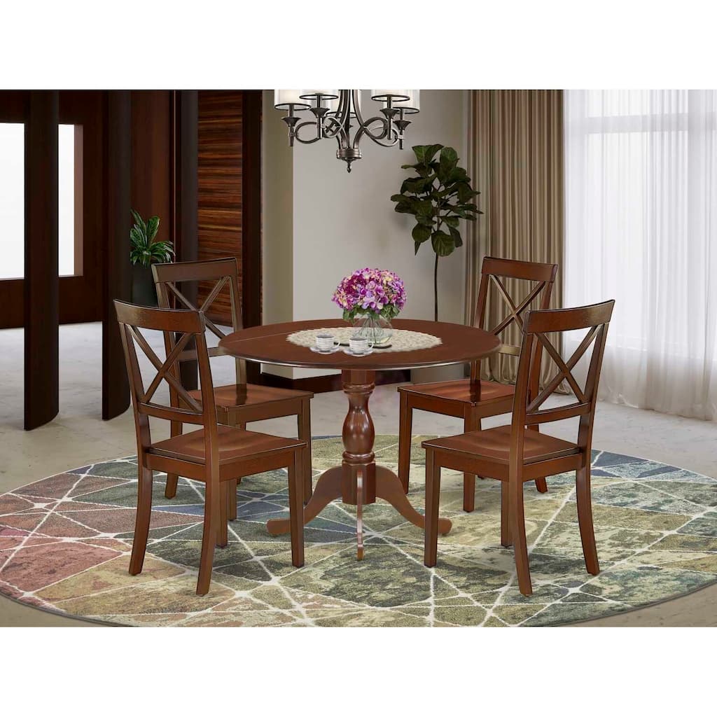 HomeStock 5-Piece Mahogany Finish Solid Wood Top Dining table with 4 Chairs with Drop Leaf Lattice Back