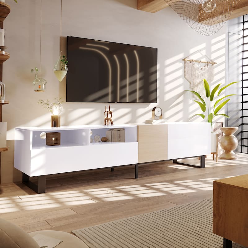 White+Natural 70.9" TV Stand with Double Storage Space and Drop Down Door for TVs Up to 80" - White+Natural