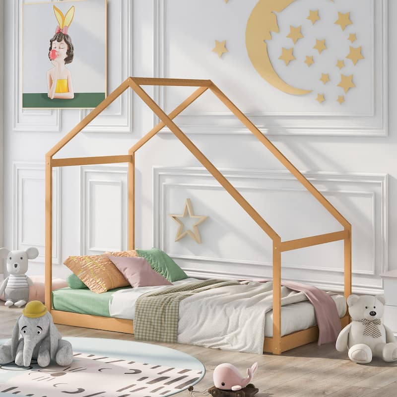 Twin Size Wood House-shaped Canopy Floor Bed