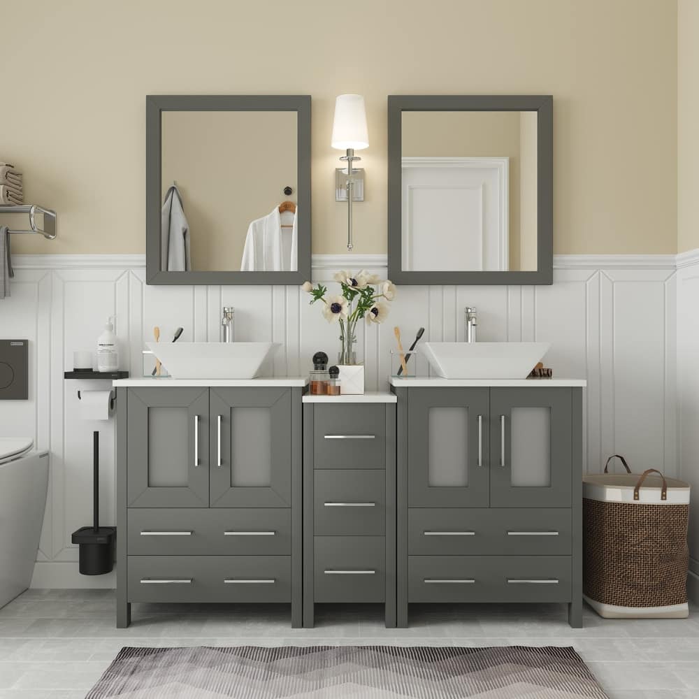 Vanity Art 60" Double Sink Bathroom Vanity Set with Engineered Marble Top and Free Mirror - 60 W X 18.5 D X 31.1 H