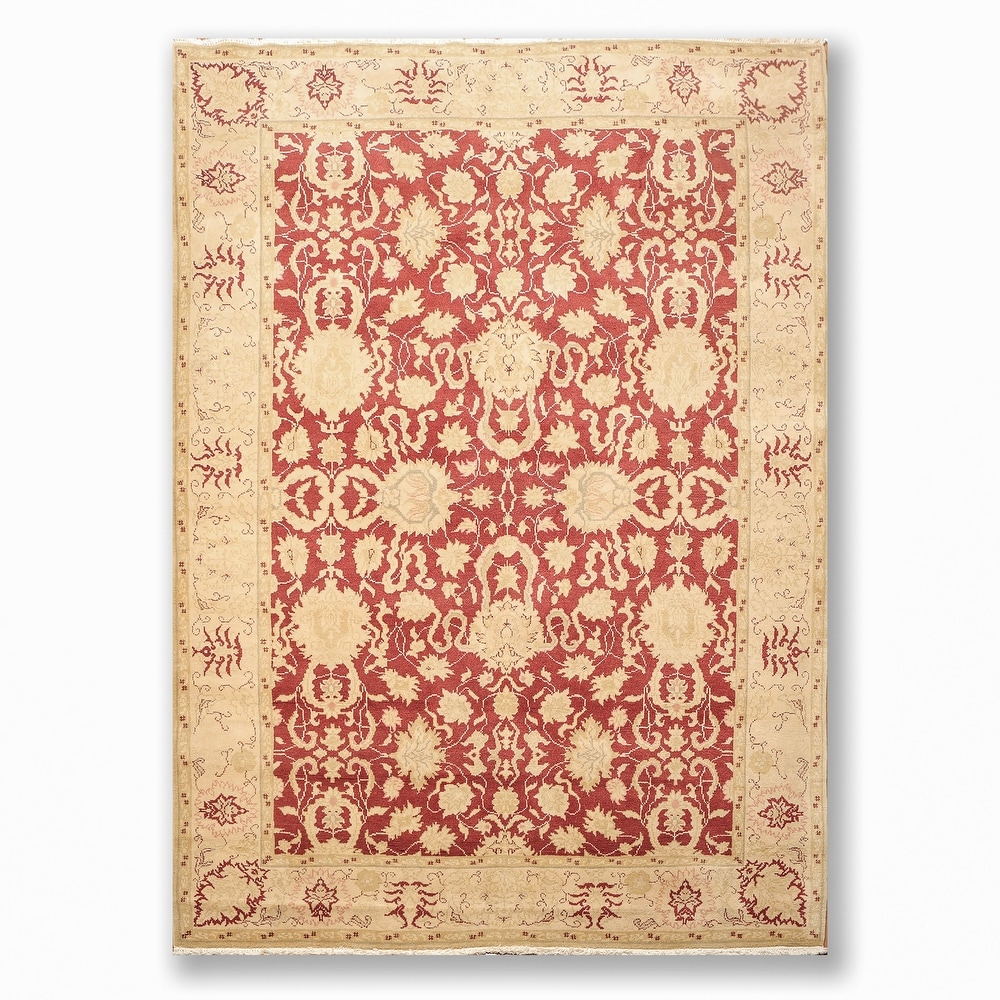 Overstockhand Knotted Oushak Maroon Beige Persian Oriental Area Rug Wool Traditional Oriental Area Rug 5x7 5 6 X 8 6 5 6 X 8 6 Maroon Dailymail