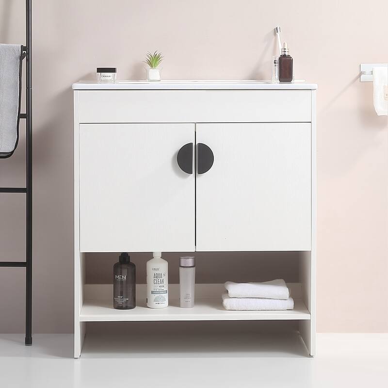 30 in. W x 19 in. D x 33 in. H Bathroom Vanity with White Ceramic Basin,Two Cabinet Doors,Excluding faucets - White