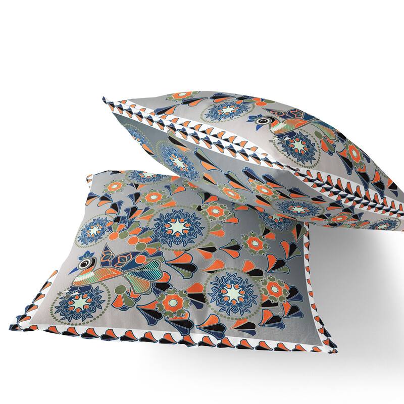 HomeRoots Set of Two 16" X 16" Gray and White Peacock Blown Seam Floral Indoor Outdoor Throw Pillow - 16.00' X '16.00' X '5.00