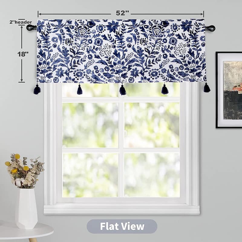 DriftAway Julia Watercolor Blooming Flower Floral Lined Window Curtain Valance with Handmade Tassels - 52" Width X 18" Length