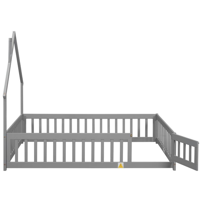 Wooden House Shaped Bed Frame without Slats, Full Size Floor Bed with Fence and Door