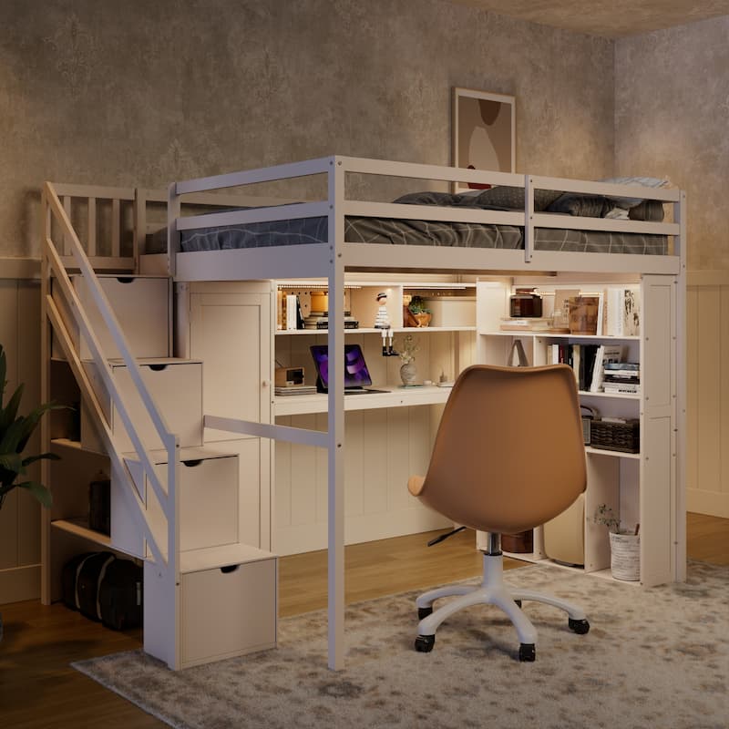Full Loft Bed with Built-In Wardrobe & Study Desk - Space-Saving Frame with LED Lights & Shelves