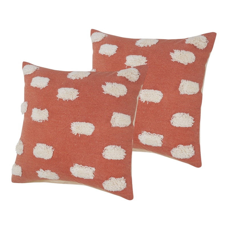 Set of Two 20" Orange And Natural And Orange Polka Dot Cotton Throw Pillows with Pompoms