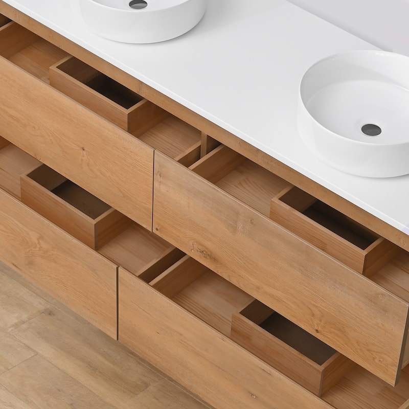 Sylphar 60 inch Toffee Oak Floating Bathroom Vanity with White Quartz Top