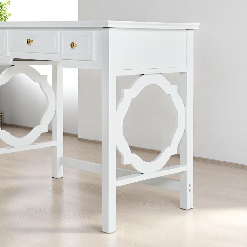 White Makeup Vanity Set with Four-Leaf Reversible Mirror, Drawers & Padded Stool, Space-Saving Dressing Table