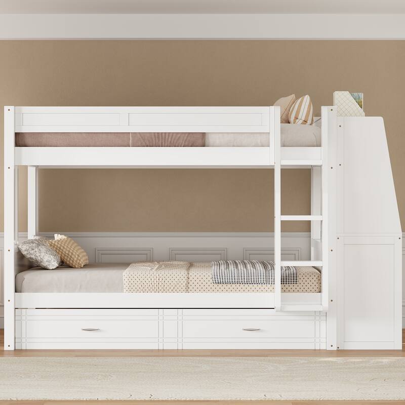 Full Size Multifunctional Bunk Bed Frame with Bookshelves, Desk and Cabinet, Optional with Pull-out Drawers or Trundle Bed