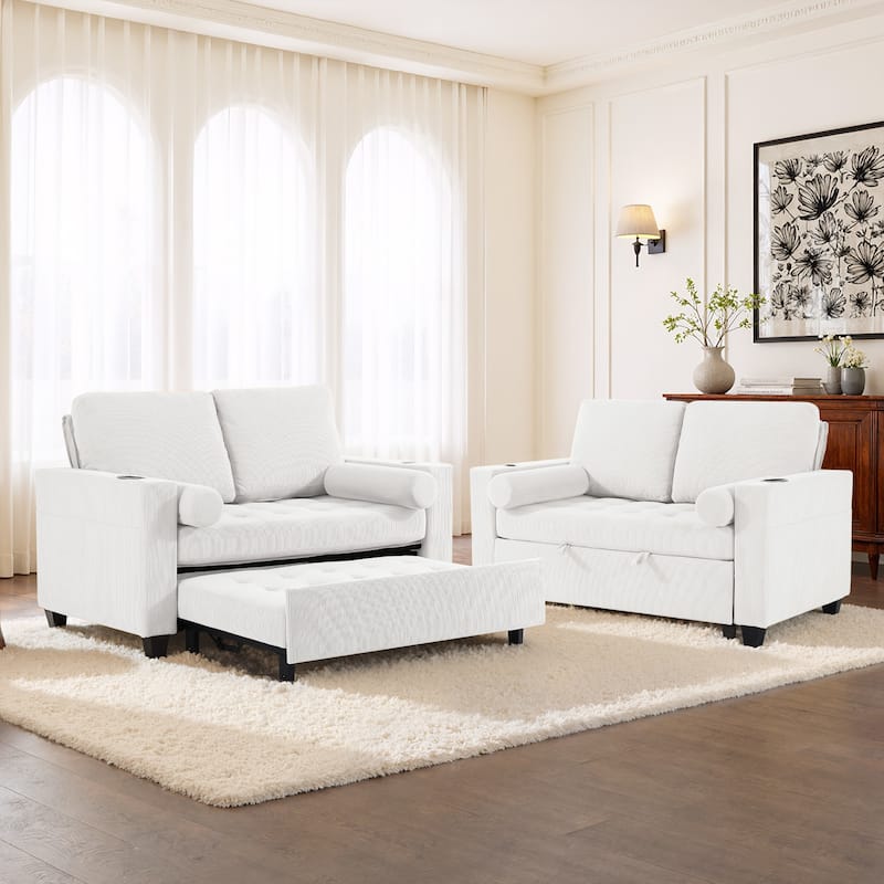 2 Set Corduroy Convertible Sleeper Sofa Bed Loveseats with Cup Holder, USB Ports & Storage