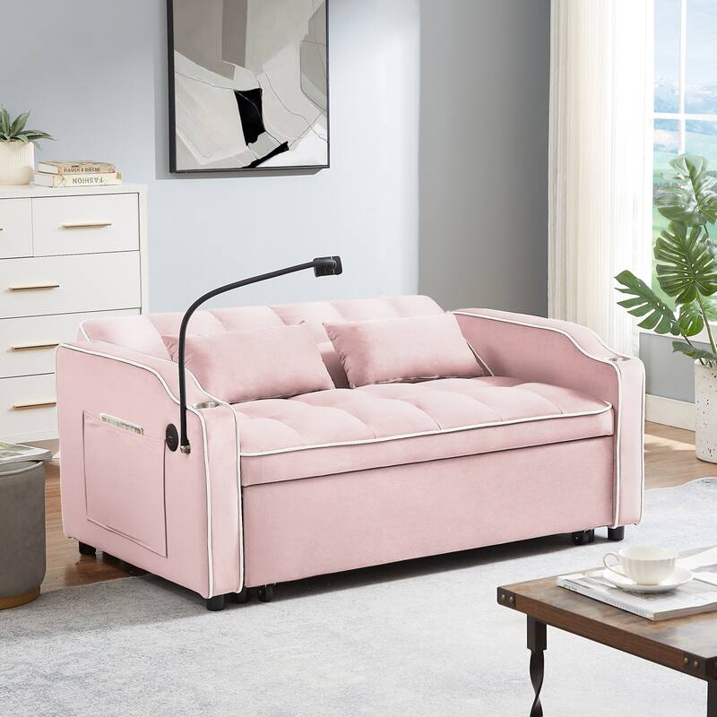 Convertible Sofa Bed with Adjustable Backrest and Side Pocket, Velvet Pull Out Sofa Couch with USB Port, Ashtray and Phone Stand