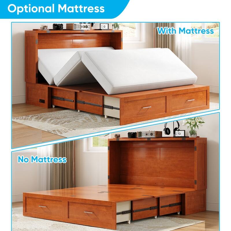 Mixoy Queen Modern Murphy Bed Chest with Mattress,Storage Drawer,Charging Station