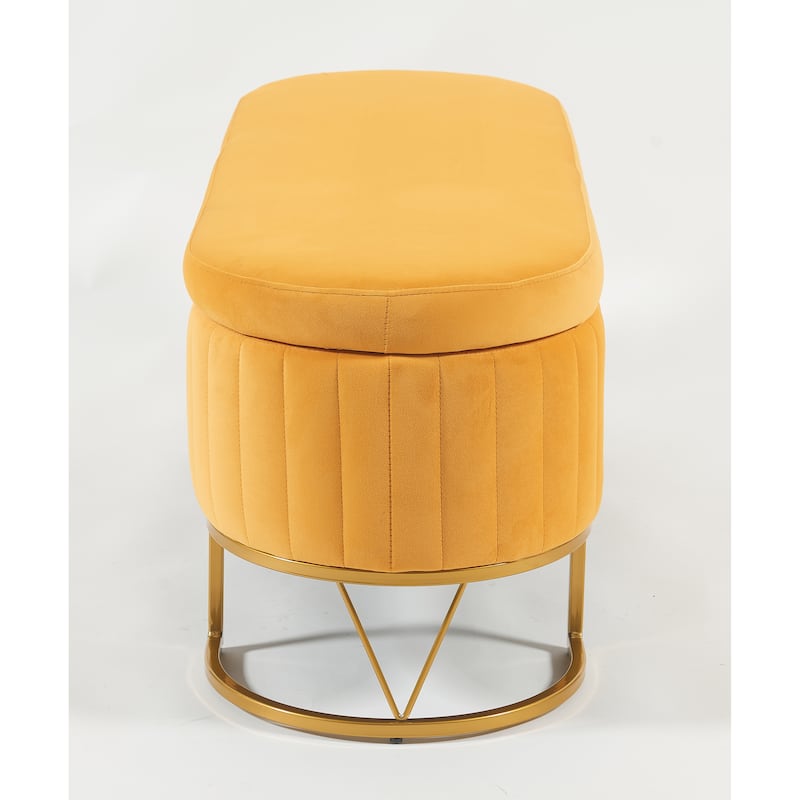 Oval Velvet Storage Bench with Metal Legs - Upholstered Bedroom Bench, Modern Storage Ottoman Bench