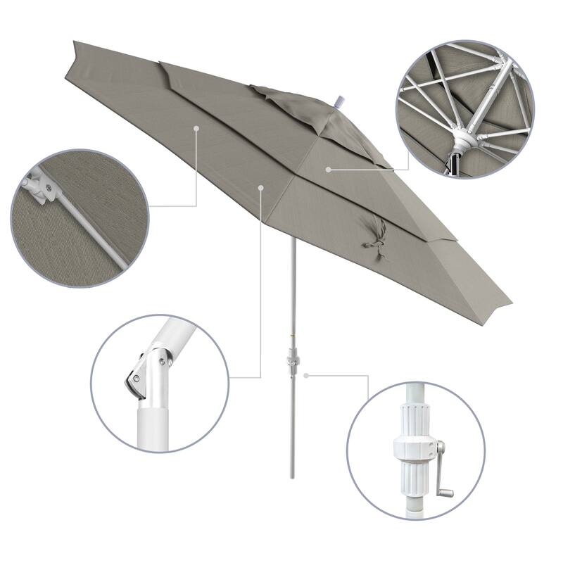 California Umbrella 11' Sun Master Patio Umbrella White Aluminum Pole Fiberglass Ribs Crank Lift Tilt, Olefin