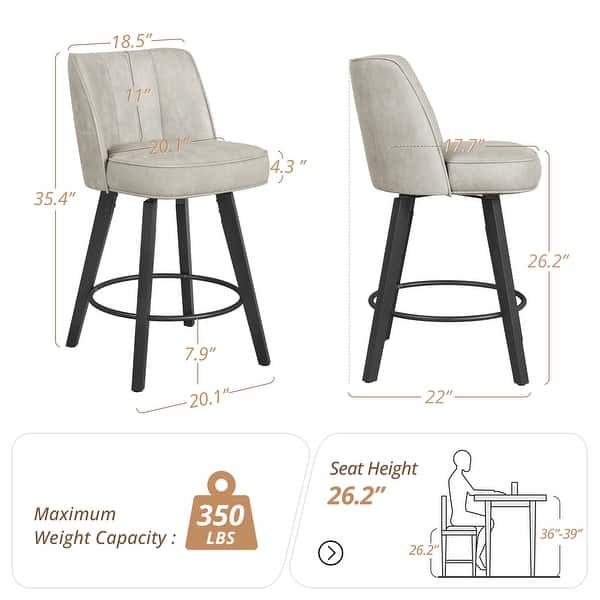 dimension image slide 4 of 5, 26.in Swivel Bar stool PU Leather/Fabric Upholstered Counter Stool, High Back Armless Stool with Wooden Legs