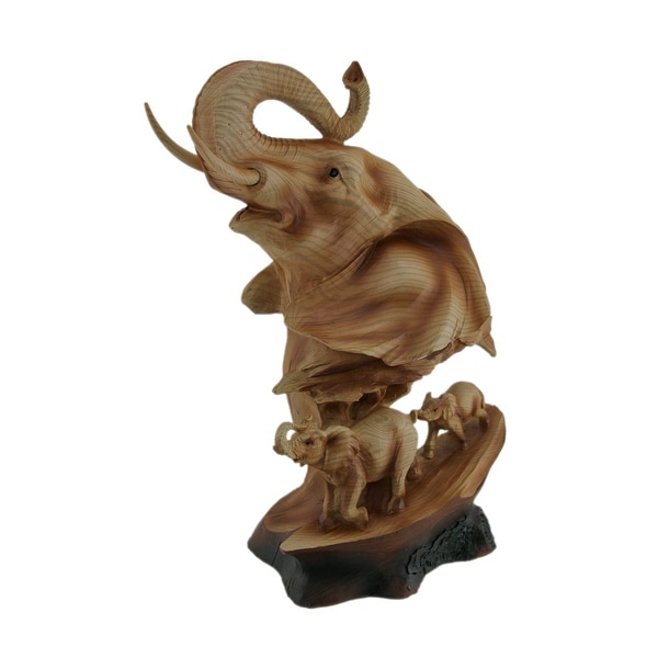 Carved Wood Look Elephant Family Bust Tabletop Statue - 12 X 8 X 4.5 inches