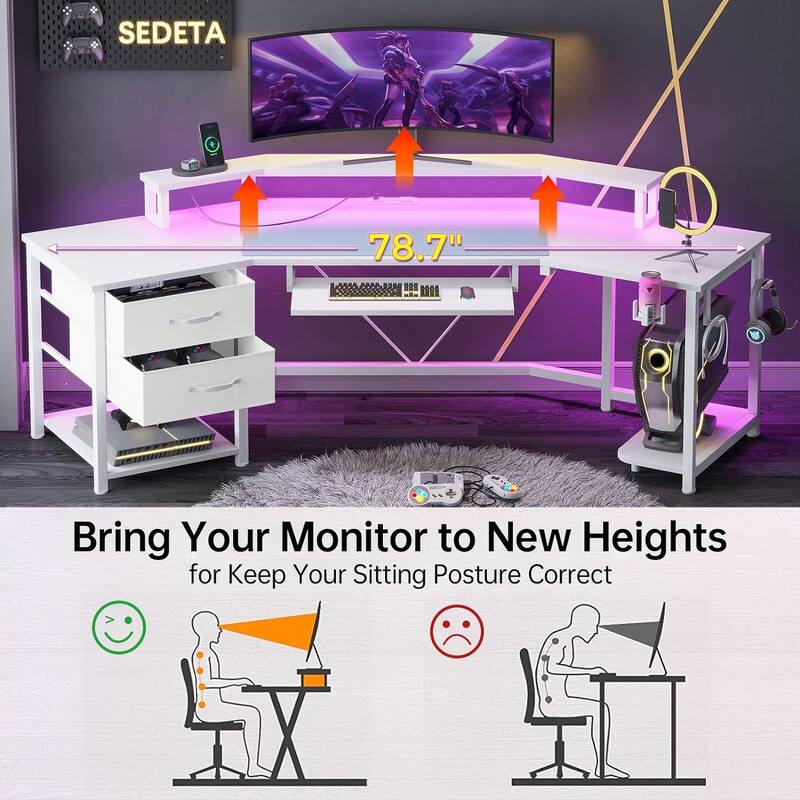 79" L Shape Gaming Desk Computer Desk 2 Fabric Drawers & LED Light