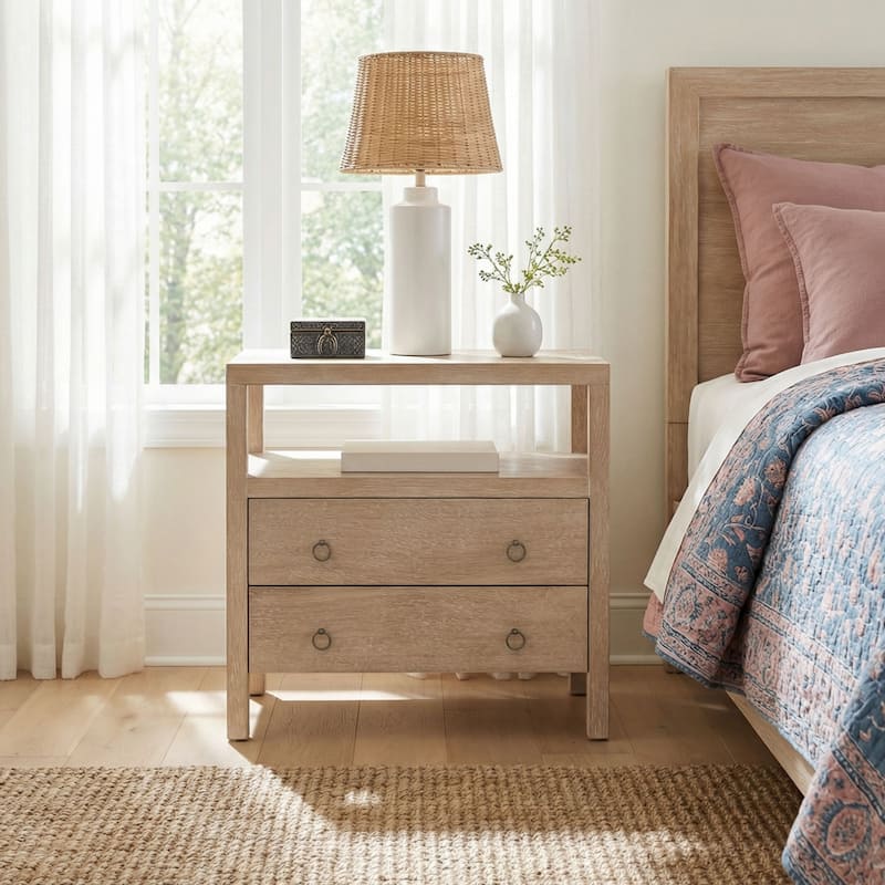 Linea 2-drawer Oversized Wood Nightstand with Open Shelf by East at Main - White-Washed - 2-drawer