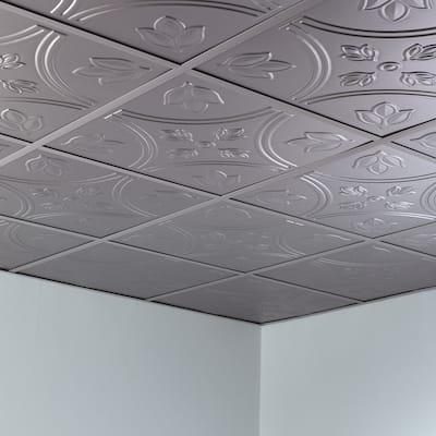 FASÄDE Traditional Style 5 Decorative Vinyl 2ft x 2ft Lay in Ceiling Panel in Argent Silver (5 Pack)