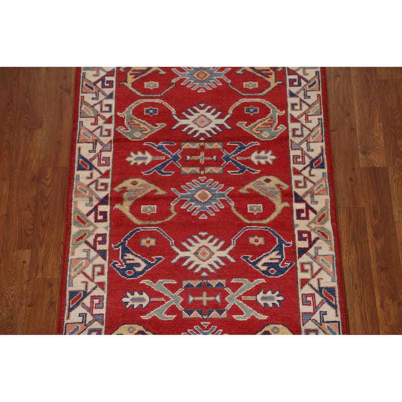 Red Geometric Kazak Oriental Traditional Wool Runner Rug Hand-knotted - 2'8" x 9'8"