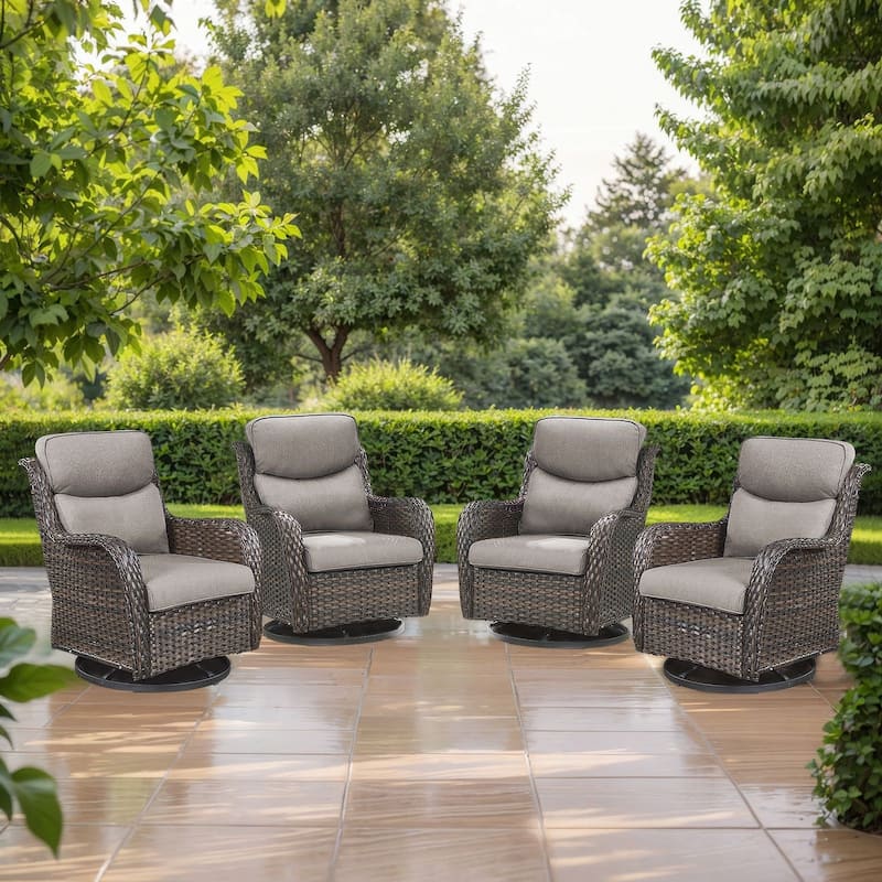 4 Pieces Outdoor Gliders Swivel Chairs Set with 5-Inch Thick Cushions - Brown Rattan - Grey Cushion - 4PCS Swivel Chairs