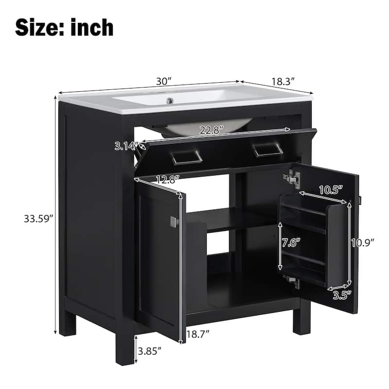 30" Bathroom Vanity with Ceramic Sink, Modern Single Bathroom Cabinet with 2 Doors and a Shelf, Soft Close Doors