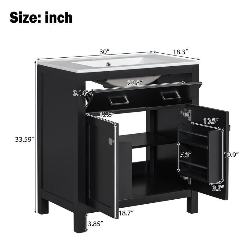 60'' Double Sink Bathroom Vanity with Ceramic Sinks, Solid Wood Frame, Flip Drawer, Adjustable Shelf, Soft-Close Doors