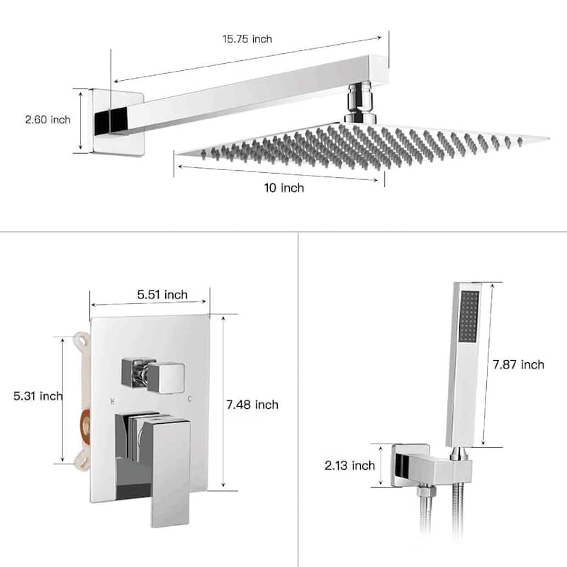 Polished Chrome 1-handle Square Shower Faucet Shower System - 15.75"*10"