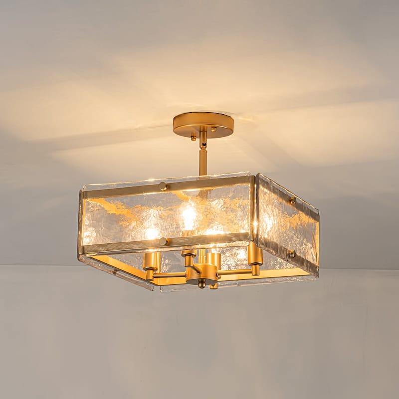 Starsky 4-light 14'' Glass Caged Ceiling Light Round/Square/Rectangle Semi Flush Mount - Brass - Rectangular Glass Shade