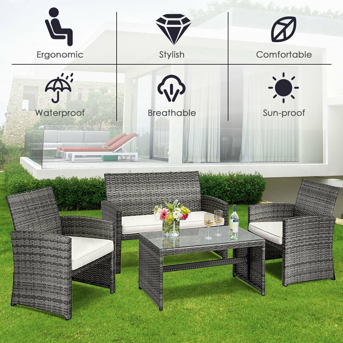 Costway 4 pc patio rattan wicker chair sofa table set outdoor garden furniture deals