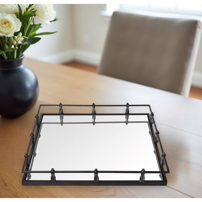 HomeRoots Natural Finish Metal With Mirrored Glass Bottom And Railing Handle Tray - Silver