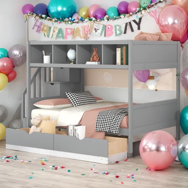 slide 2 of 14, Modern Multi-function Twin over Full Bunk Bed With Shelfs,Storage Staircase and 2 Drawers,Sturdy Frame for Kids Grey