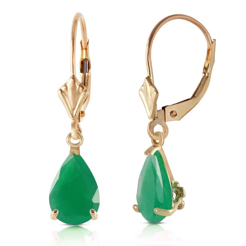 14K Solid Gold Elegant Leverback Earrings Natural Emerald Gemstone