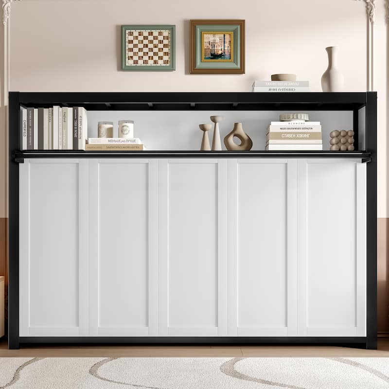 Twin Size Murphy Bed Chest, Hidden Wall Platform Bed with Storage Shelves, Heavy Duty Metal Foldable Bed Frame - Off White - Twin