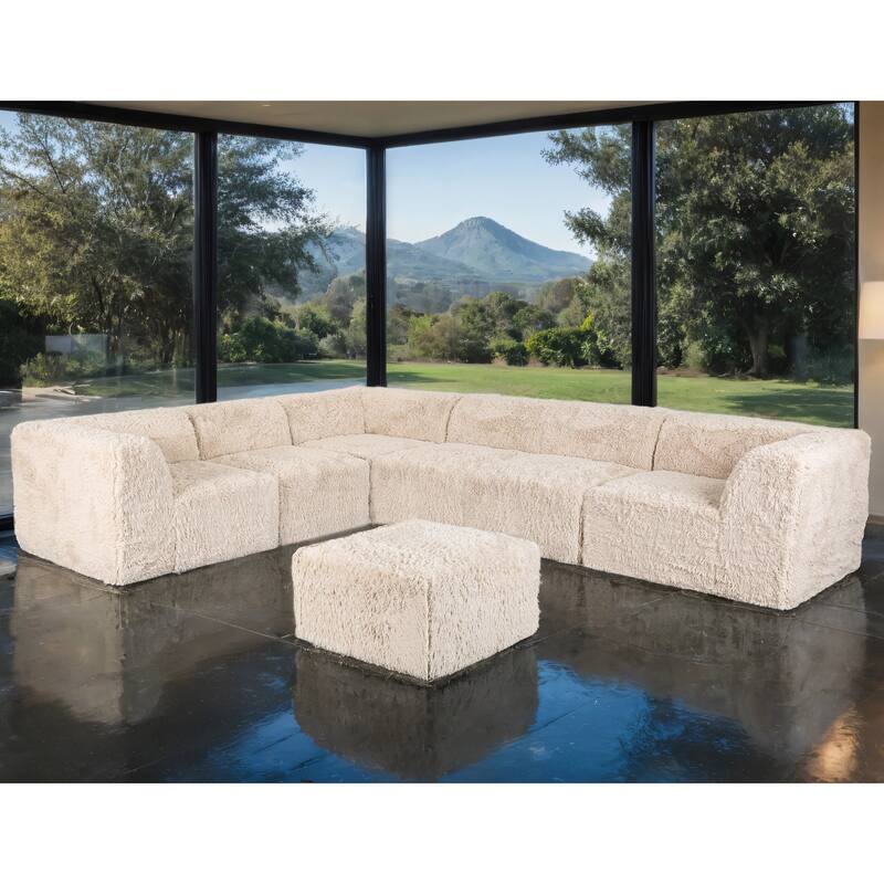 Furniture of America Ylena Modern 7-Piece Faux Fur Foam Modular Compressed Sectional Sofa with Ottoman - Sand